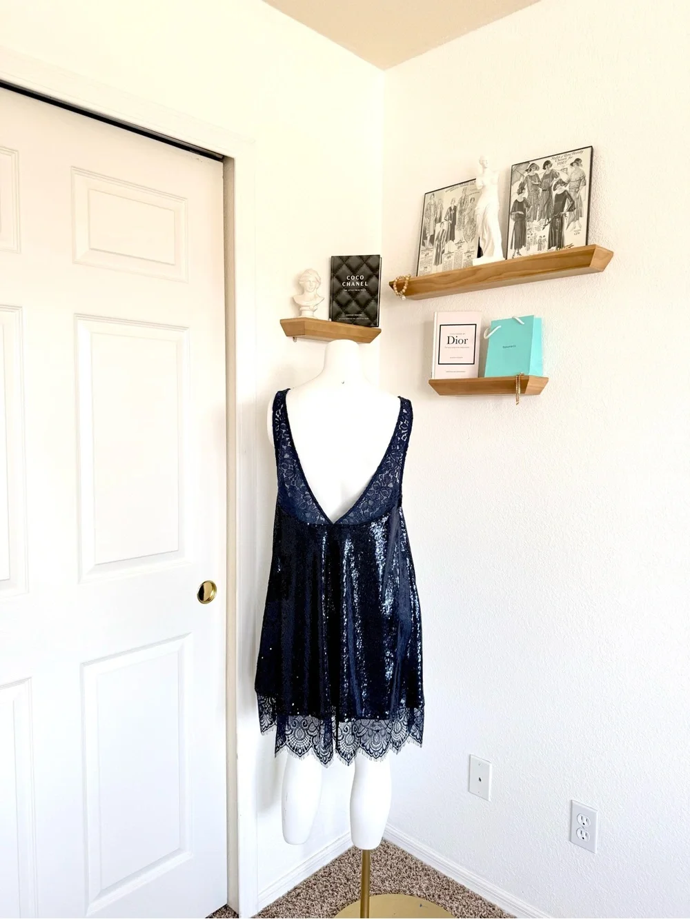 EUC Free People intimately Navy Sequin Lace Slip Dress Size S